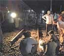 Rescue work in progress after seven coaches and the engine of 2445 up Bhubaneswar-New Delhi Rajdhani Express derailed between Kasta and Paraiya stations near Gaya following an explosion triggered by suspected Maoists on Moday night. PTI