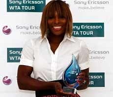 Serena Williams poses with her award during the SEWTA Awards Ceremony during day two of the 2010 Sony Ericsson Open at Crandon Park Tennis Center on March 24, 2010 in Key Biscayne, Florida. AFP