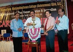 Udayavani Editor Balakrishna Holla inaugurating the seminar on Career in media organised by the Department of PG Studies in Mass Communication and Journalism of SDM College in Ujire on Friday. Prof J Mahaveer, Dr B Yashovarma and Prof Bhaskar Hegde are seen. DH photo