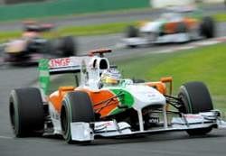 Force India-Mercedes driver Adrian Sutil of Germany speeds through a corner during the second practice session for Formula One's Australian Grand Prix in Melbourne on March 26, 2010.  AFP