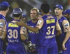 Rajasthan Royals celebrate the wicket of Deccan Chargers' Gibbs during their Indian Premier League-3 match at the Sardar Patel Stadium in Ahmedabad on Friday. PTI