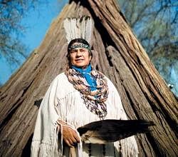 Ancient Ways: Caleen Sisk-Franco, chief of the Wintu tribe, outside a traditional bark dwelling at their village called Tuiimyali in Jones Valley.