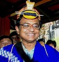 Union Home Minister wearing a traditional 'Nyishi' tribal attire at a function in Poma village near Itanagar on Friday. Chidambaram is on a two-day visit to the state of Arunachal Pradesh. PTI