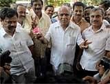 Karnataka Chief Minister B S Yeduyurappa talking to the media after BJP's win in the Bruhat Mahanagar Palike Elections, in Bangalore on Monday. PTI