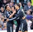 Real Madrid's Cristiano Ronaldo (right) and Marcelo (left) celebrate Gonzalo Higuains goal. AFP
