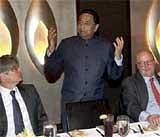 Union Minister for Road, Transport and Highways, Kamal Nath speaks at a luncheon meeting as Ambassador Frank Wisner (right) and David Carpenter look on in New York on Tuesday. PTI