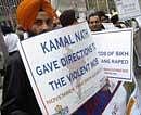 Sikhs rally to protest a speech by India's road transport and highways minister Kamal Nath, in New York, Thursday, April 8, 2010. Nath is accused of human rights violations during the massacre of Sikhs that followed the assassination of Indian Prime Minister Indira Gandhi in 1984. AP