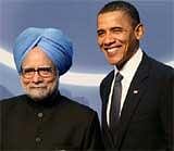 US President Barack Obama greets Prime Minister Manmohan Singh during an official welcome ceremony for the Nuclear Security Summit at the Washington convention centre on Monday. PTI