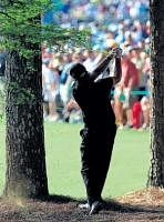 Stunning: Phil Mickelson thunders the ball between the trees on the 13th hole during the final round of Augusta Masters on Sunday. AFP
