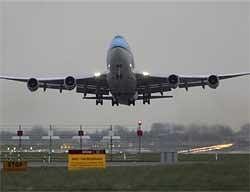 The third of three KLM passenger planes takes off from Schiphol airport in Amsterdam, Netherlands.  European transport officials have carved up the sky, creating three zones to break the flight deadlock caused by a cloud of volcanic ash flowing from Iceland over Europe. France said  that European countries can resume airline traffic in designated ''caution zones'' where the threat of ash is considered less dangerous. AP