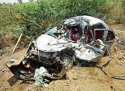 Mangled remains of a car involved in the accident near Halageri.