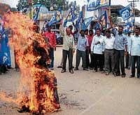 Members of the Bahujana Samajavadi Party burning the effigy near Hanumatha Circle in              Chikmagalur on Sunday to condemn the incident of murder of two Dalits by setting ablaze in Mirchpur village of Haryana. DH Photo