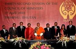 Foreign ministers of member states of the South Asian Association for Regional Cooperation (SAARC), before the start of 32nd session of the council of ministers , in Thimpu, Bhutan, Tuesday.  Bhutan is hosting the annual summit of South Asian leaders for the first time on April 28-29. AP