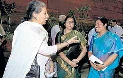 Union Minister for I&B Ambika Soni with MoS for HRD Purandeshwari Devi (right) outside the Parliament House after a Lok Sabha session in New Delhi on Tuesday. PTI