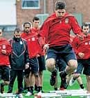 Liverpool's Steven Gerrard during a team training session at Melwood grounds on Wednesday. AFP
