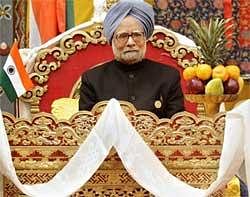 Prime Minister Manmohan Singh looks on during a signing ceremony between India and Bhutan in Thimpu on Friday. AP