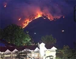 A view of the forest fire adjoining the hills of Shimla town in Himachal Pradesh. IANS