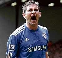 ecstatic: Chelseas Frank Lampard is jubilant after scoring against Liverpool in their English Premier League match at Anfield on Sunday. Chelsea won the match 2-0.  reuters