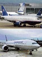 A combination of photos showing a United Airlines aircraft (top) & Continental Airlines jet (bottom). AFP