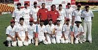 CHAMPIONS: Hindu Sabha Senior Secondary School, Amritsar, winners  of the Boost Challenge Cup under-16 cricket tournament. From left: STANDING: Sapandeep, Rohan Marwaha, Sunny, Prakash Chand (Cocah), Rajender Kaka (Coach), Amritpal, Gagandeep, Loven Gill, Vikramjit; KNEELING: Ankush, Shiv Love, Ashwani, Jatin Rana, Rahul Kanojia, Harmandeep Singh, Sanjeev, Abhishek.