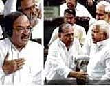 High Drama: BJP MP Ananth Kumar speaks in the Lok Sabha even as RJD chief Lalu Prasad is pacified by SP supremo Mulayam Singh Yadav as seen in this TV grab on Wednesday. PTI