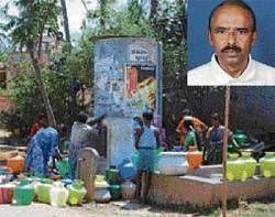 GROUND REALITY: The solution doesnt lie in sinking more bore wells, but in maintaining existing ones. File photo. Inset: D N Bhoje Gowda
