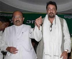 Expelled Samajwadi Party leader Amar Singh (left) with Sanjay Dutt during a press conference in Lucknow on Monday. PTI