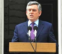 Prime Minister Gordon Brown addresses the media outside 10 Downing Street in London on Monday. AP