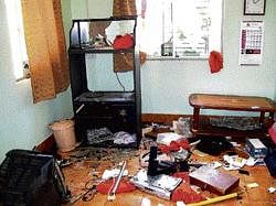 The ransacked office of the principal of Ananda Marg Polytechnic College in Santenahalli  on Tuesday. DH PHOTO
