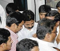 Former minister H Halappa being taken to Victoria Hospital in Bangalore on Friday. dh Photo