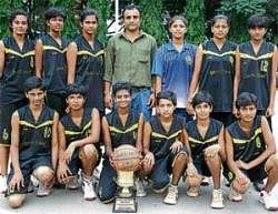 Champions: Sports School, Vidyanagar, winners of the State Youth basketball championships at the Sree Kanteerava stadium in Bangalore on Friday. STANDING (from left): Manjula, Praneetha, Shalma B, Girish (coach), Naga Ranjitha (assistant Coach), Lavanya, Yogeshree. SITTING: Anusha, Harshitha, Supriya MS, Pushpa, Kalashree and Supriya AH. Dh Photo