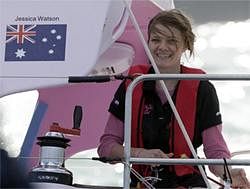 Sixteen-year-old Jessica Watson works with the rigging as she sails past the finish line at the entrance to Sydney Harbour in Sydney, Australia on Saturday. AP