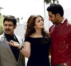 THrees a company: Actors Vikram, Aishwarya Rai and Abhishek Bachchan during a photo call for Raavan at the 63rd International Film Festival in Cannes, southern France, on Monday. AP