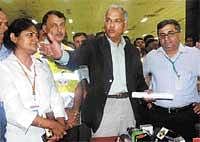 Air India CMD Aravind Jadhav addressing the media at  Mangalore airport on Sunday. DH Photo