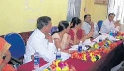 Zilla Panchayat president Mangamma Munishami, Chief Executive Officer Rangarao and other members at a meeting in  Mulbagal on Monday. DH photo