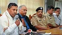Union Minister of state for Railways K H Muniyappa addressing a  news conference in Mangalore on Monday. Air India CMD Arvind Jadav and others look on.