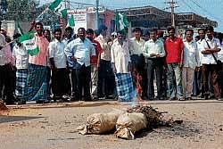 JD(S) party workers staging a protest in Chimagalur demanding dropping of Reddy brothers from cabinet, on Tuesday.