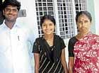 daughter of soil ITI student M V Lakshmi Devi who has been elected from the Gowdatatagadda constituency to the Lakshmipura Gram Panchayat in Srinivaspur taluk. She is flanked by her brother Manjunath and mother Chandrakala. DH photo