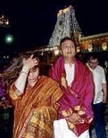 Reliance ADAG chairman Anil Ambani along with wife Tina outside the Lord Venkateswara temple at Tirumala in Tirupati on Sunday. PTI