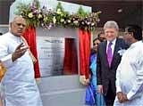 Andhra Pradesh Chief Minister K. Rosaiah (L) along with Minister for Major Irrigation Ponnala Lakshmaiah (R) and Chairman & Co-CEO of Tishman Speyer USA, Jerry Speyer (2nd R) during the inauguration of Wave Rock Phase I & Launch of Phase-II of Tishman Speyer park at Nanakramguda in Hyderabad on Tuesday. PTI