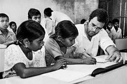 Groundwork: Rahul Gandhi in a classroom at a school in a Dalit hamlet in Shrawasti district of Uttar Pradesh. PTI