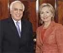 Human Resource Development Minister Kapil Sibal  with US Secretary of State Hillary Clinton in Washington DC on Wednesday. PTI