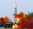 Surface-to-Surface ballistic missile Prithvi-II being test-fired from ITR Chandipur, Balasore off Orissa coast. File photo PTI