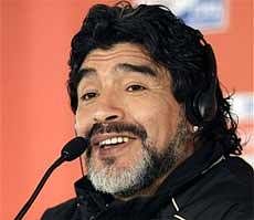 Argentina head coach Diego Maradona attends a news conference in Pretoria, South Africa on Monday. AP Photo