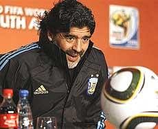 Argentina's soccer team coach Diego Maradona at a press conference in Cape Town, South Africa on Friday. AP