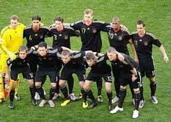 This picture taken on July 3, 2010 at Green Point Stadium in Cape Town shows (Top row L to R) Germany's goalkeeper Manuel Neuer, Germany's midfielder Sami Khedira, Germany's defender Arne Friedrich, Germany's defender Per Mertesacker, Germany's defender Jerome Boateng and Germany's striker Miroslav Klose (bottom row, L to R) Germany's defender Philipp Lahm, Germany's midfielder Mesut Ozil, Germany's striker Lukas Podolski, Germany's midfielder Thomas Mueller and Germany's midfielder Bastian Schweinsteiger pose before the quarter final 2010 World Cup match Argentina. Germany will face Spain on July 7, 2010 in Durban during FIFA 2010 World Cup semi-final.