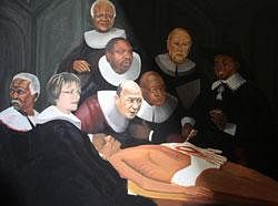 South African artist Yuill Damaso poses next to his controversial painting that depicts South Africa's first Black president Nelson Mandela lying on an autopsy table as the late Nkosi Johnson, a child AIDS activist who died at 12, cuts into his flesh surrounded by prominent politicians (among them South African president Jacob Zuma, Peace Nobel Desmond Tutu, former South African president Thabo Mbeki, opposition leader Helen Zille) on July 10, 2010 at a shopping centre in Johannesburg. The painting provoked outrage from South Africa's ruling party African National Congress (ANC), but the artist who created the work has said it is a tribute to the iconic leader. The ANC called the painting "racist" and criticised the artist for depicting Mandela as dead, saying it was considered an act of witchcraft in African society. AFP