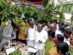 MLA V Muniyappa at a stall in the Krishi Utsav in Chikkaballapur.  DH photo