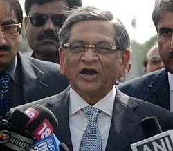 Indian External Affairs Minister S.M. Krishna talks to media upon his arrival at Chaklala airbase in Rawalpindi. Pakistan and Indian Foreign Ministers will meet Thursday for talks, as the nuclear-armed rivals try to resume a formal peace dialogue derailed by the 2008 Mumbai attacks. Indian High Commissioner in Pakistan. AP
