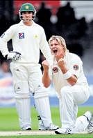 on song Australias Shane Watson celebrates after dismissing Pakistan skipper Shahid Afridi as non-striker Salman Butt looks on on the second day of the first Test at Lords. AFP